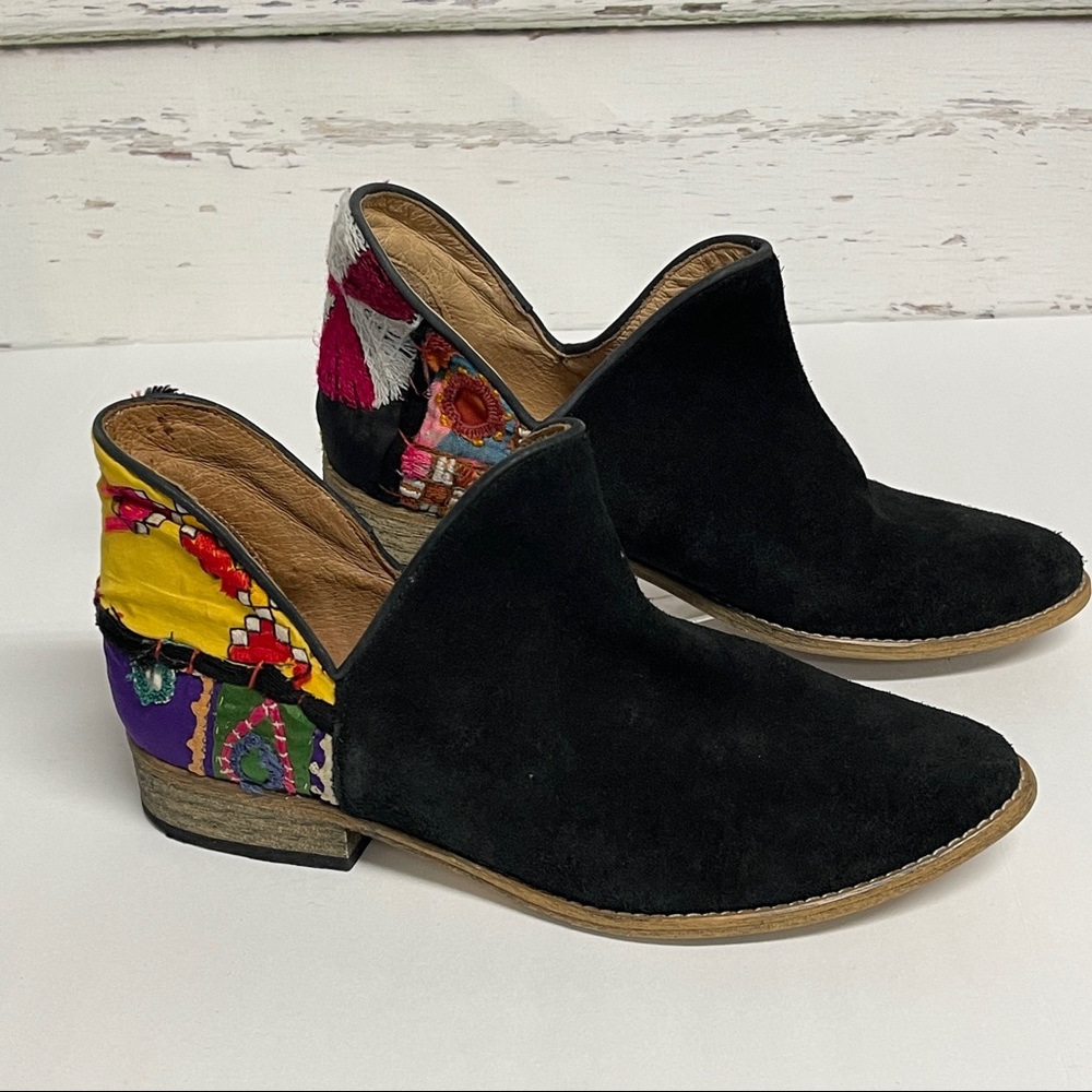 Howsty slip on embroidered black suede shoes booties unique designer boho chic